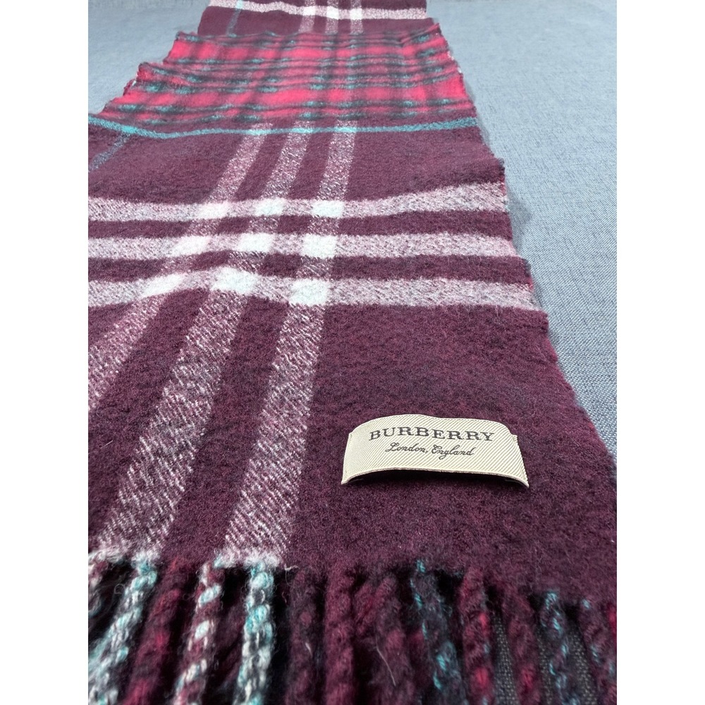 Burberry Merino Wool Scarf Burgundy Red Plaid Check Made in Italy 168x30cm - Picture 6 of 9